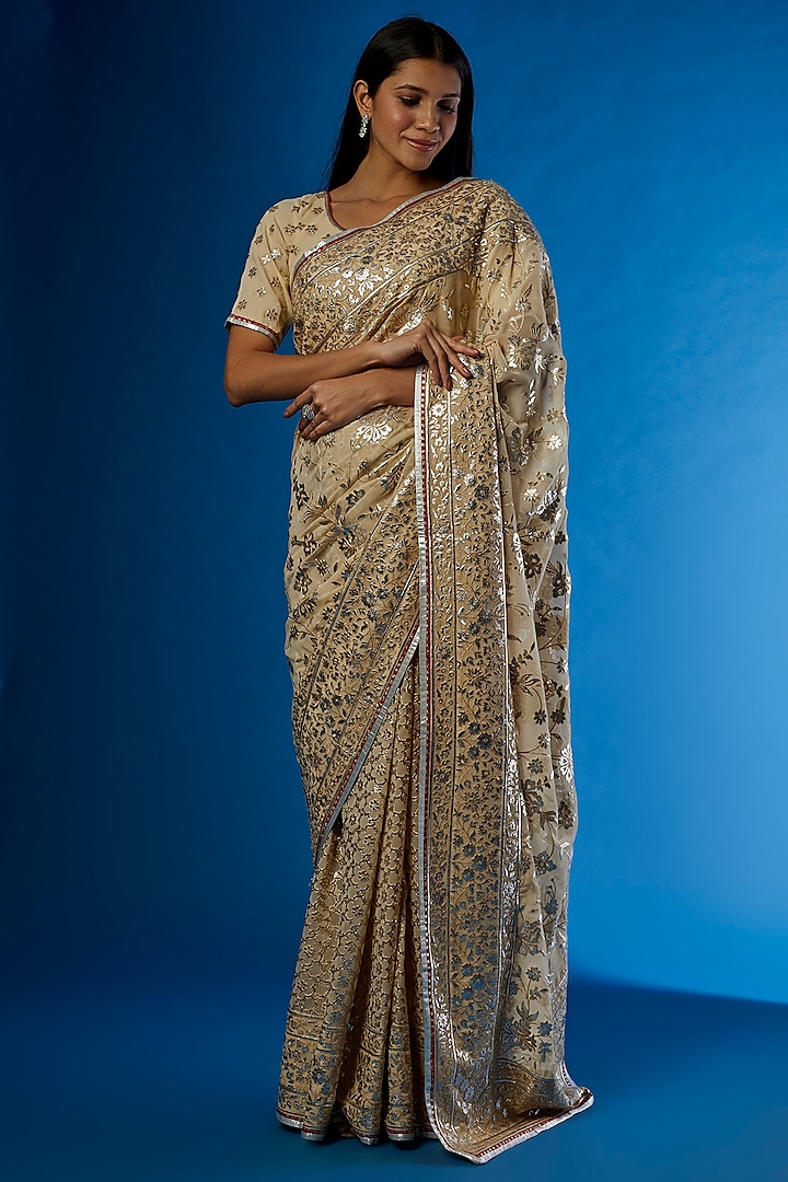 Beige Georgette Embroidered Saree Set by ASAL By Abu Sandeep