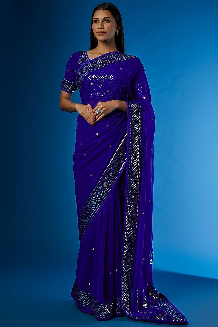 Royal Blue Georgette Embroidered Saree Set by ASAL By Abu Sandeep