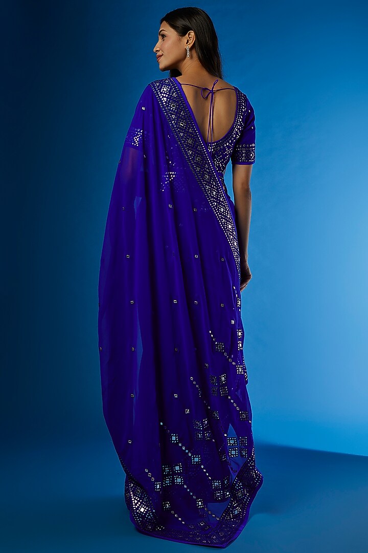 Royal Blue Georgette Embroidered Reception Saree Set by ASAL By Abu Sandeep at Pernia's Pop Up Shop