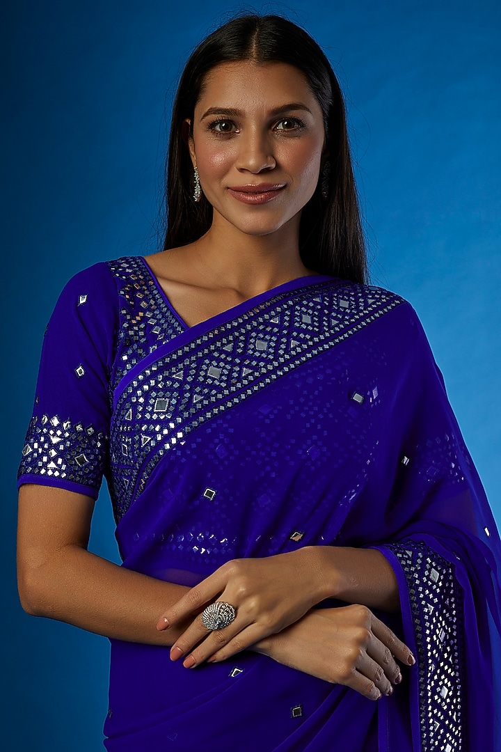 Royal Blue Georgette Embroidered Reception Saree Set by ASAL By Abu Sandeep at Pernia's Pop Up Shop