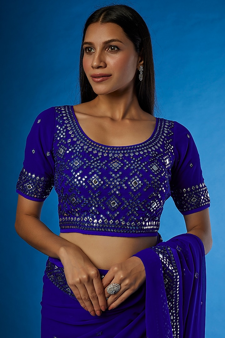 Royal Blue Georgette Embroidered Reception Saree Set by ASAL By Abu Sandeep at Pernia's Pop Up Shop
