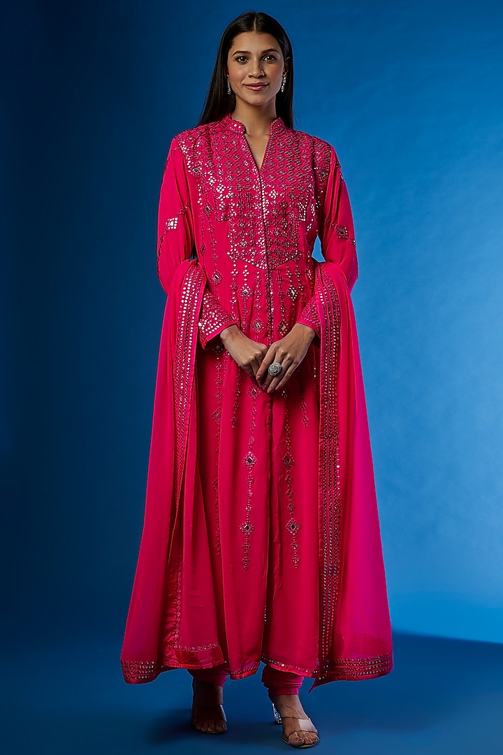 Red Georgette Embroidered Anarkali Set by ASAL By Abu Sandeep