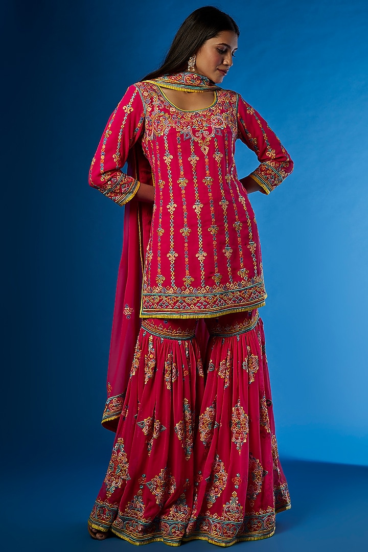 Red Blended Georgette Gharara Set by ASAL By Abu Sandeep