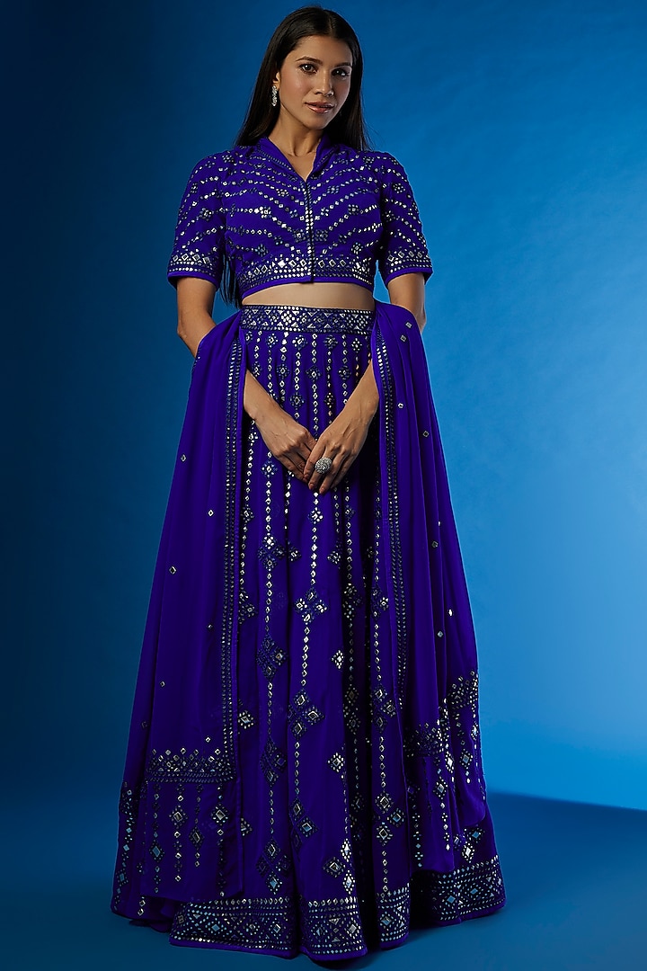 royal Blue Blended Georgette Embroidered Lehenga Set by ASAL By Abu Sandeep
