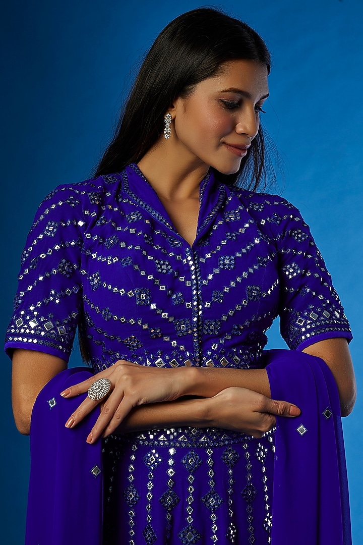 royal Blue Blended Georgette Embroidered Bridal Lehenga Set by ASAL By Abu Sandeep at Pernia's Pop Up Shop