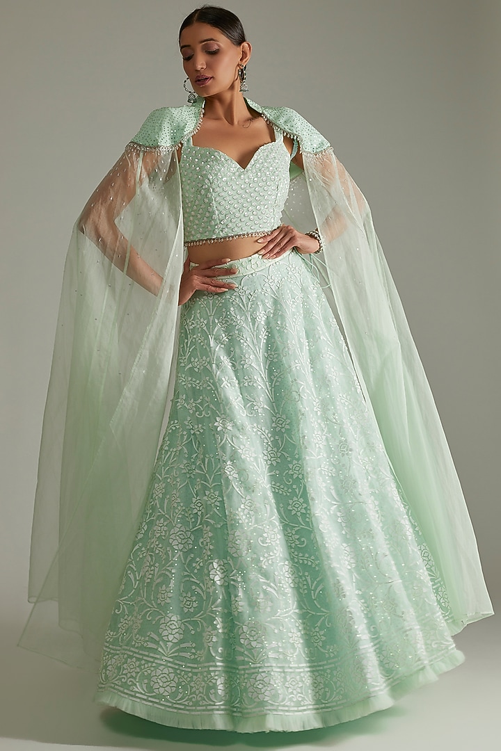 Mint Green Georgette Cape Set by ASAL By Abu Sandeep at Pernia's Pop Up Shop