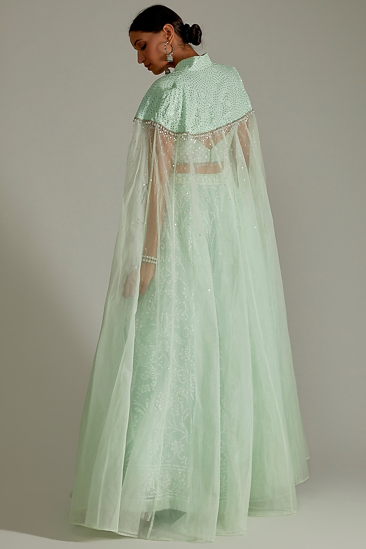 Mint Green Georgette Cape Set by ASAL By Abu Sandeep at Pernia's Pop Up Shop