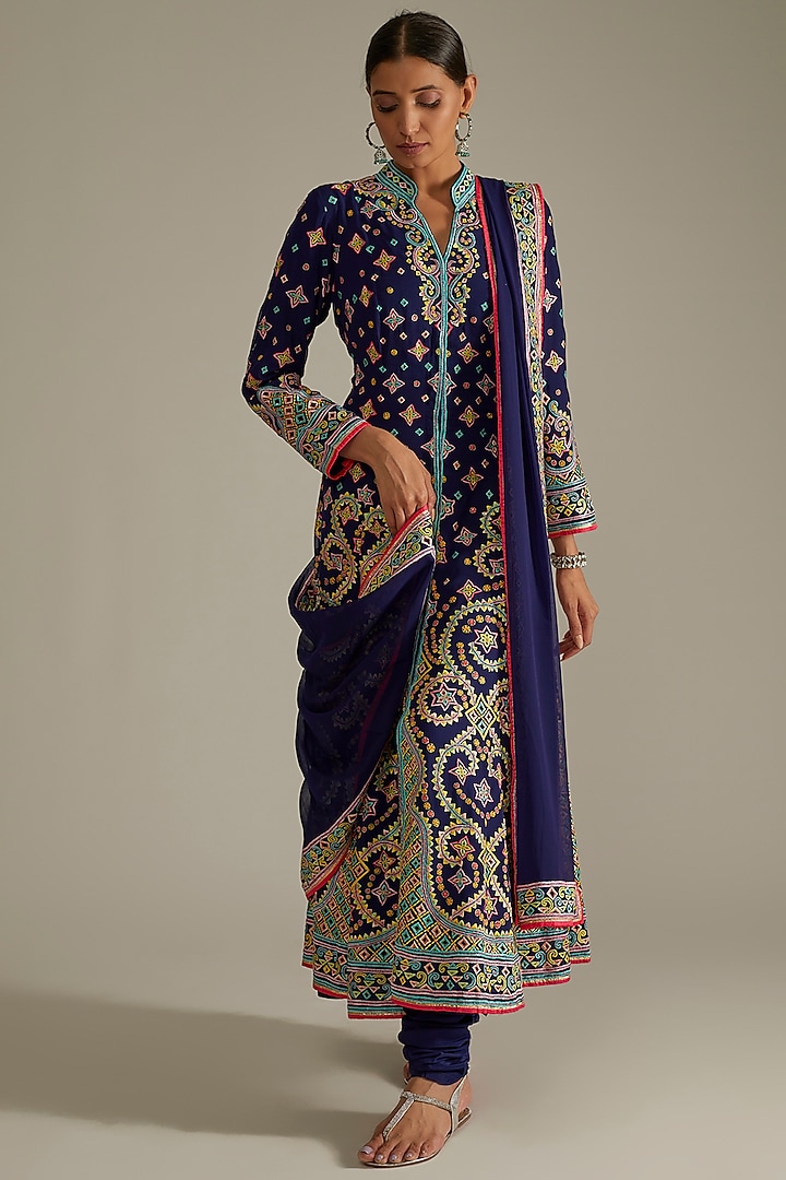 Navy Blue Embroidered Flared Sherwani Set by ASAL By Abu Sandeep