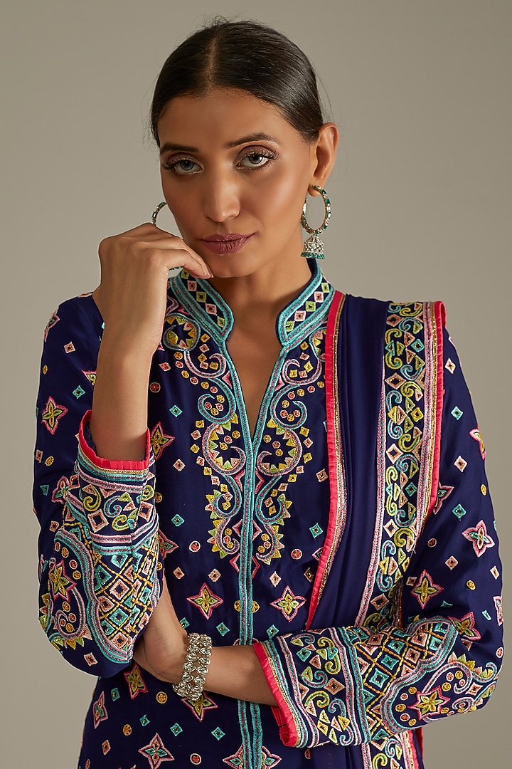 Navy Blue Embroidered Flared Sherwani Set by ASAL By Abu Sandeep at Pernia's Pop Up Shop