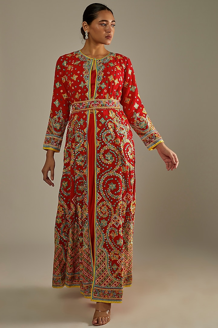 Red Embroidered Jacket Set by ASAL By Abu Sandeep