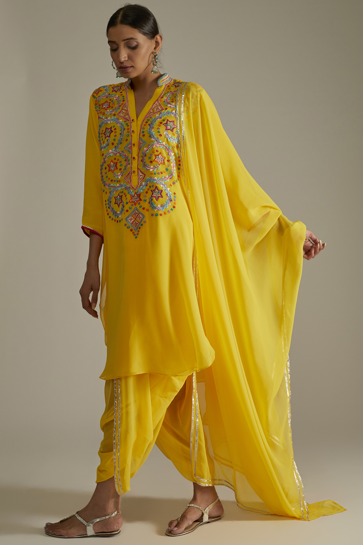 Yellow Embroidered Tunic Set by ASAL By Abu Sandeep at Pernia's Pop Up Shop
