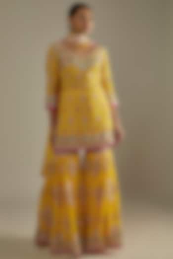 Yellow Blended Georgette Gharara Set by ASAL By Abu Sandeep