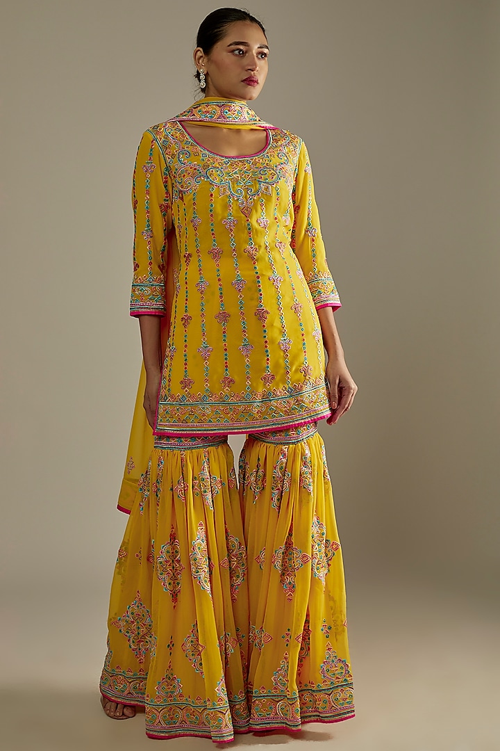 Yellow Blended Georgette Gharara Set by ASAL By Abu Sandeep