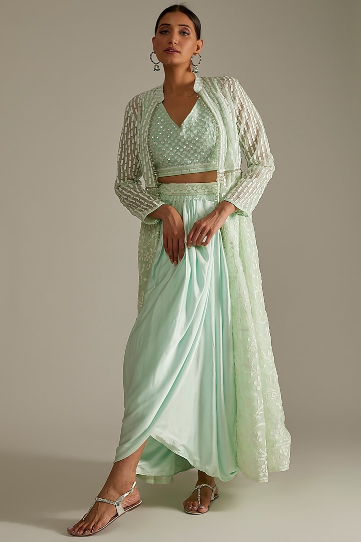 Mint Green Georgette Sarong Skirt Set by ASAL By Abu Sandeep
