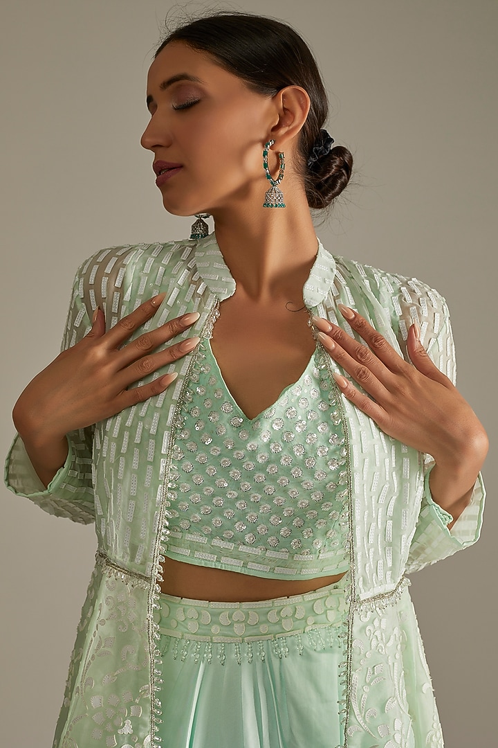 Mint Green Georgette Sarong Skirt Set by ASAL By Abu Sandeep at Pernia's Pop Up Shop