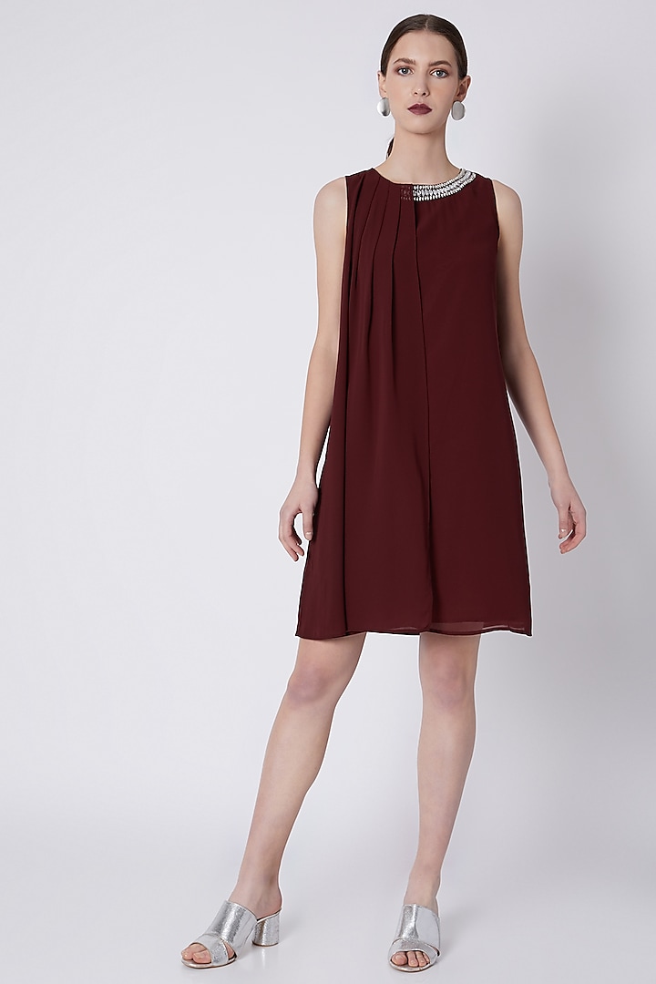 Maroon Embroidered Pleated Dress by Attic Salt