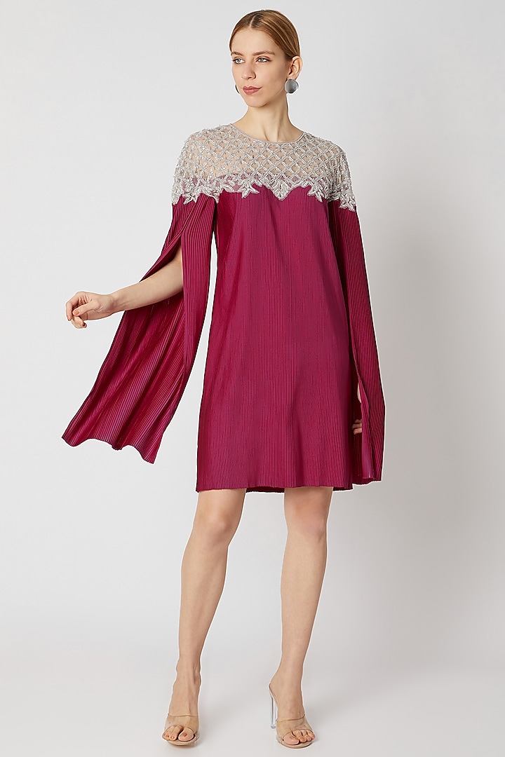 Maroon Pleated & Embroidered Dress by Attic Salt