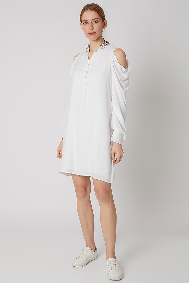 White Embroidered Cold Shoulder Dress by Attic Salt