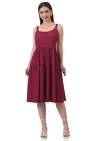 Wine Gathered Midi Dress by Attic Salt