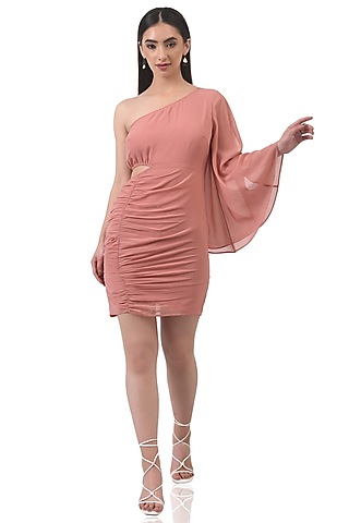 Nude Pink One-Shoulder Ruched Dress by Attic Salt