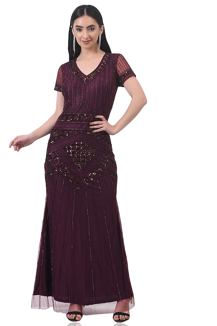 Wine Crystal Embellished Gown by Attic Salt