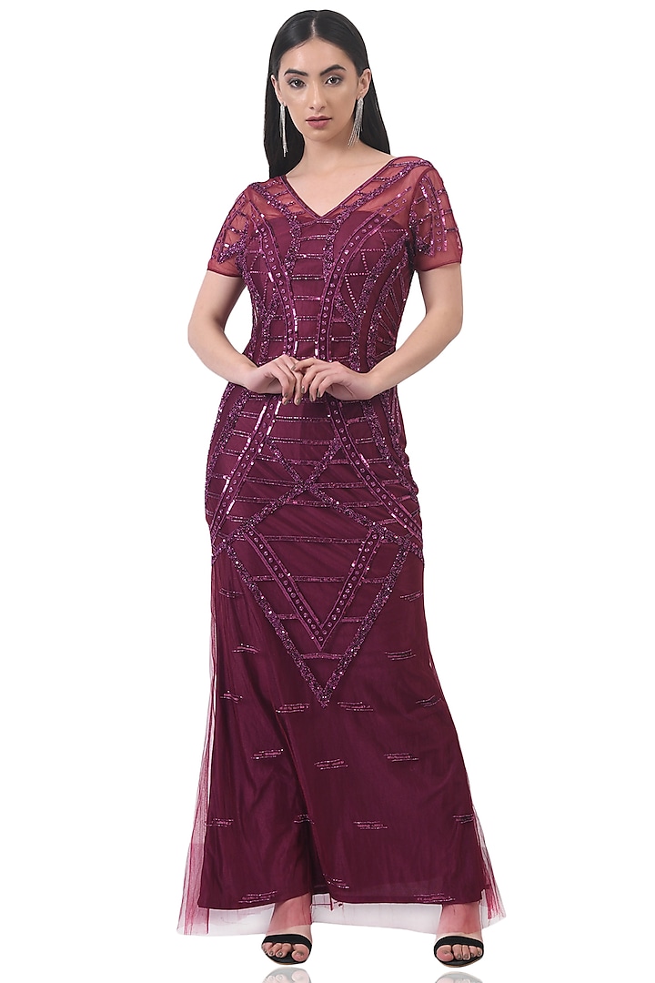 Wine Beads Embellished Gown by Attic Salt