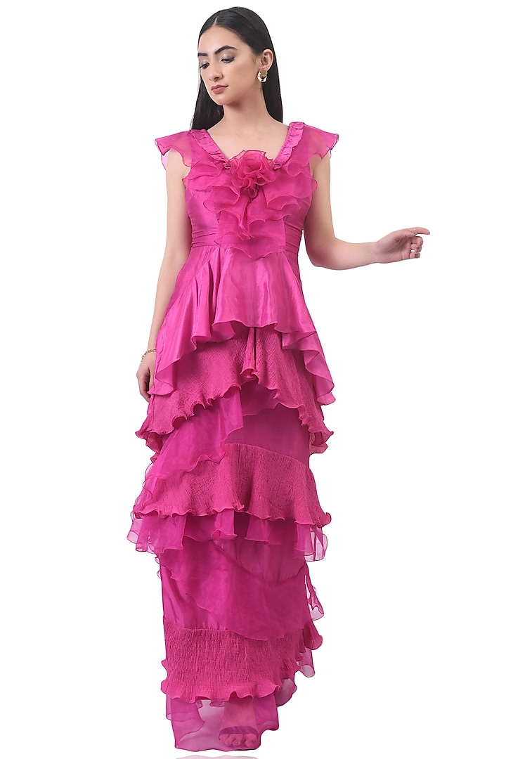 Fuchsia Pink Gauze Tiered Gown by Attic Salt