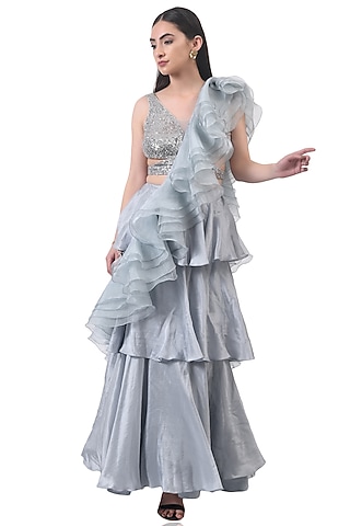 Grey Sequined Tulle Skirt Set by Attic Salt