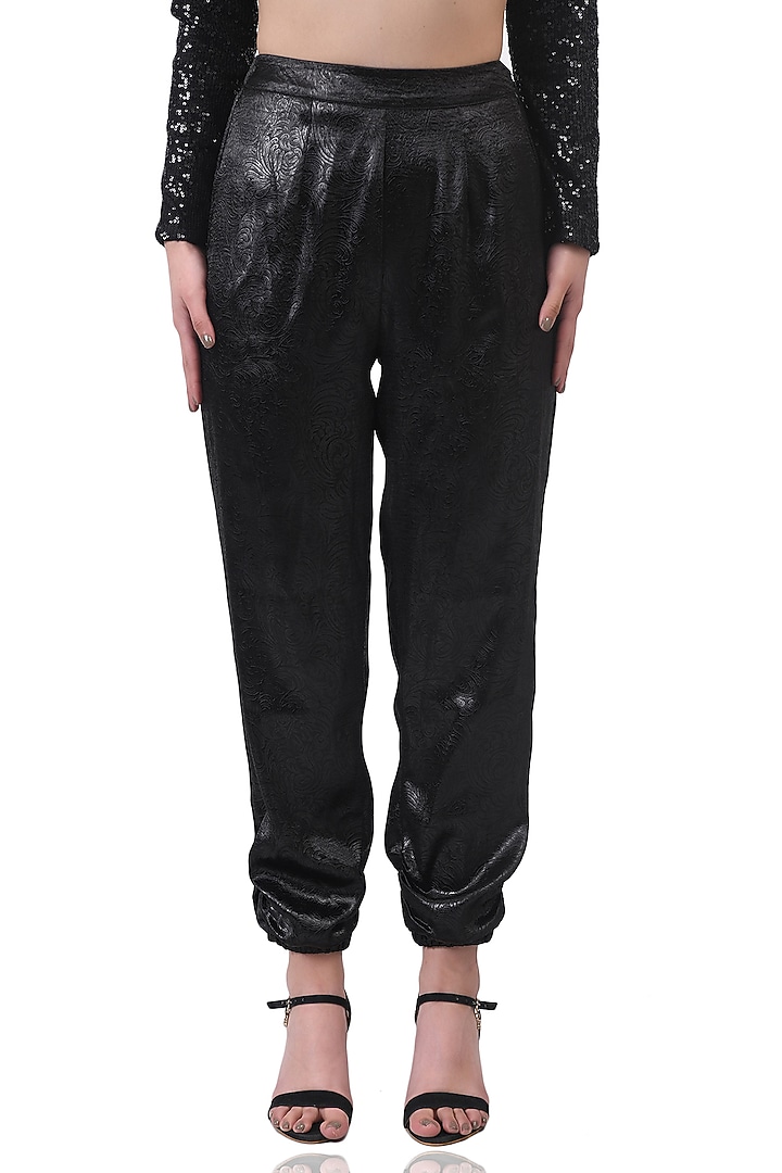 Black Emboss Satin Jogger Pants by Attic Salt at Pernia's Pop Up Shop