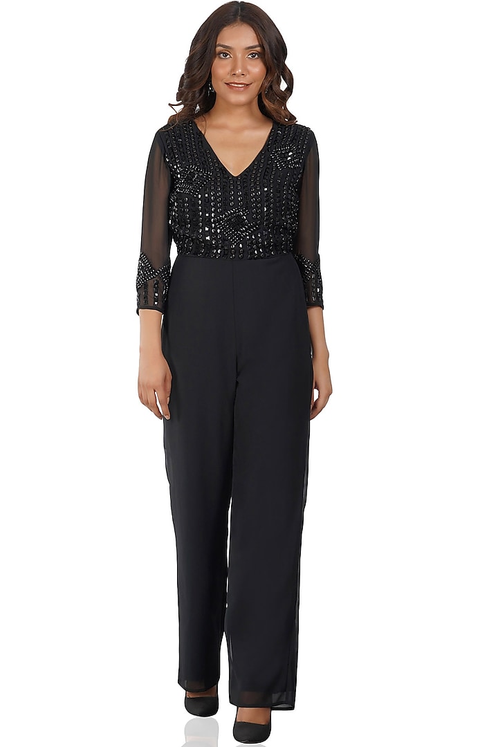 Black Hand Embroidered Jumpsuit by Attic Salt