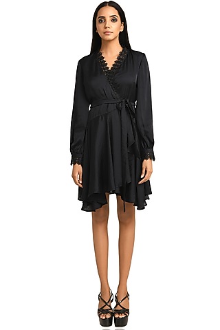 Black Satin Wrap Dress by Attic Salt