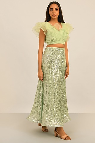Light Green Sequinned Tulle Maxi Skirt by Attic Salt