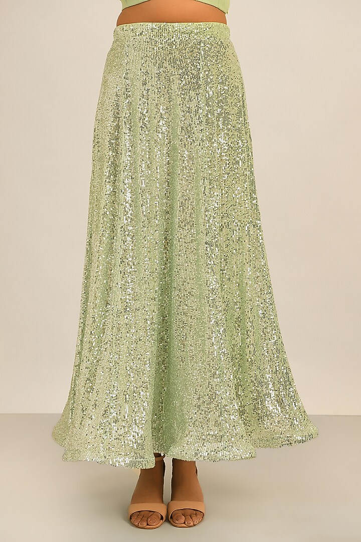 Light Green Sequinned Tulle Maxi Skirt by Attic Salt at Pernia's Pop Up Shop