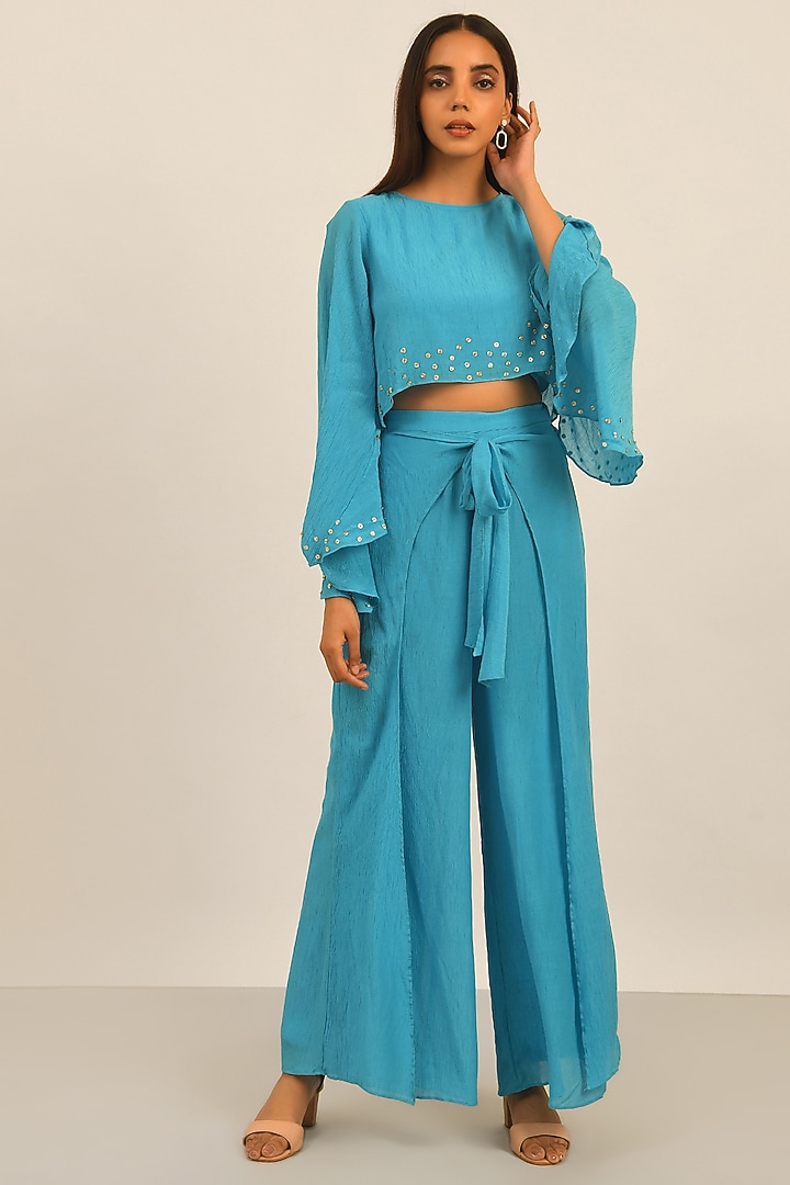 Blue Gauze Cotton Palazzo Pants Design by Attic Salt at Pernia's Pop Up