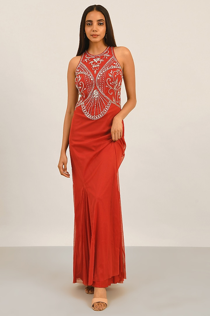 Red Tulle Sequins Hand Embellished Gown by Attic Salt