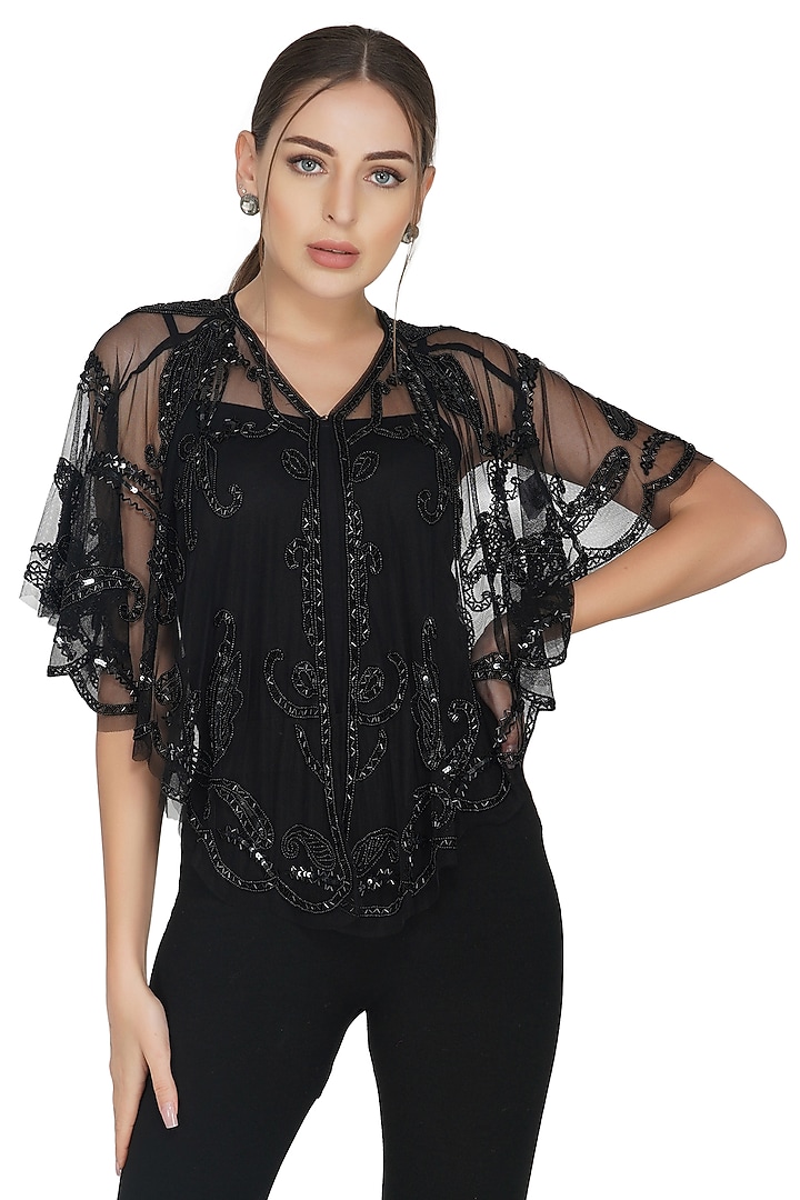 Black Floral Embellished Shrug by Attic Salt at Pernia's Pop Up Shop