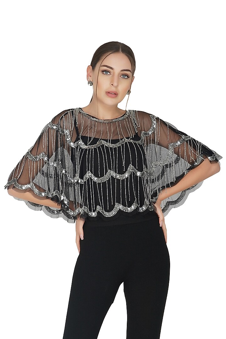 Black Tiered Embellished Shrug by Attic Salt at Pernia's Pop Up Shop