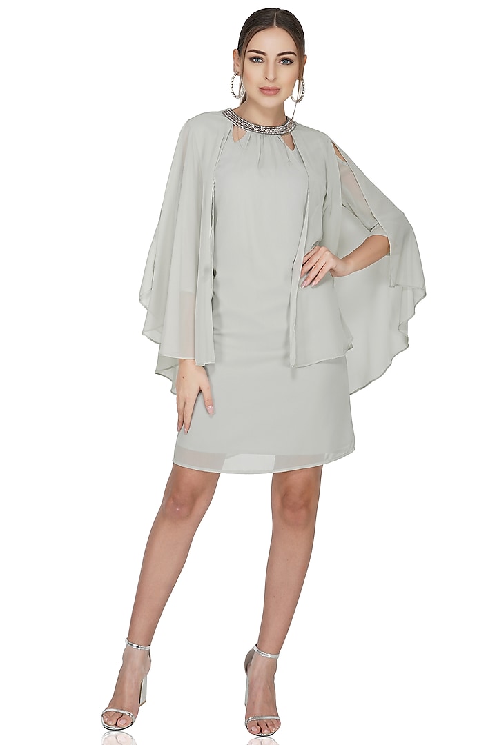 Grey Embellished Dress With Cape Sleeves by Attic Salt