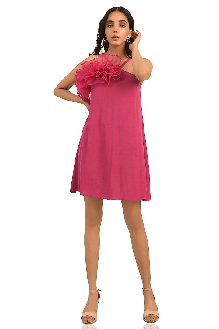 Hot Pink A-line Dress With Ruffles by Attic Salt