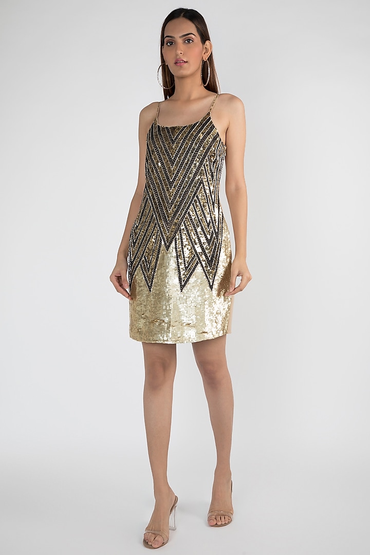 Golden Geometric Embellished Dress by Attic Salt