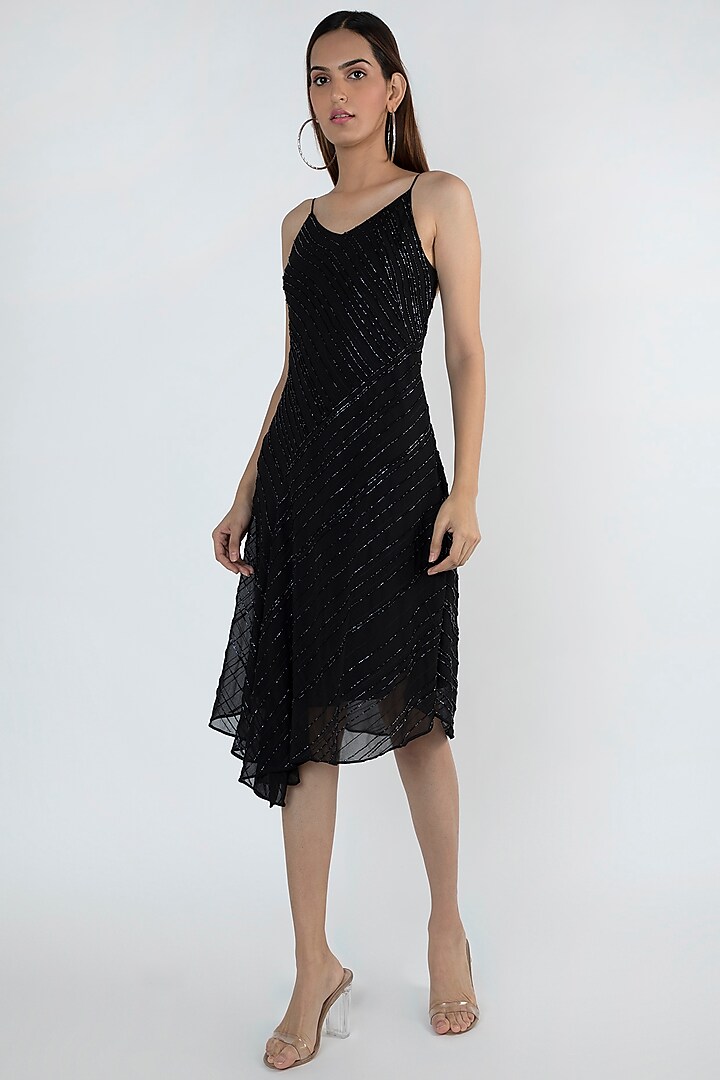 Black Embellished Bias Cut Dress by Attic Salt