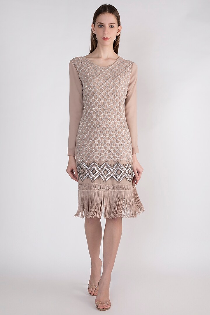 Beige Embellished Polyester Dress by Attic Salt
