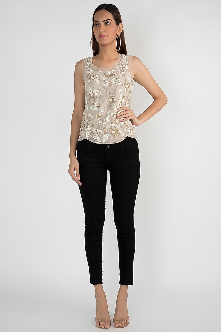 Beige Embroidered Tank top by Attic Salt
