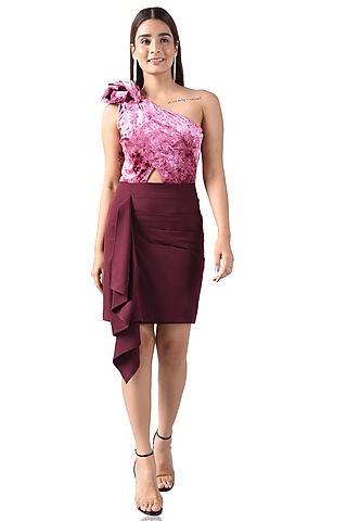 Pink Velvet & Poly Crepe One-Shoulder Dress by Attic Salt