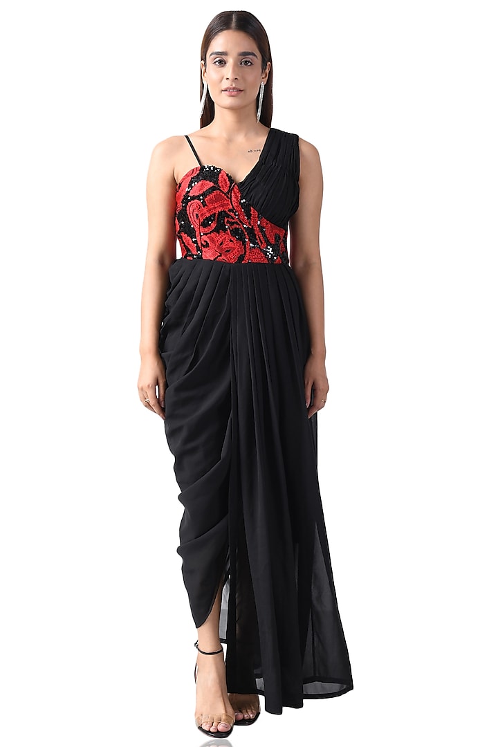 Black Floral Embroidered Draped Corset Dress by Attic Salt