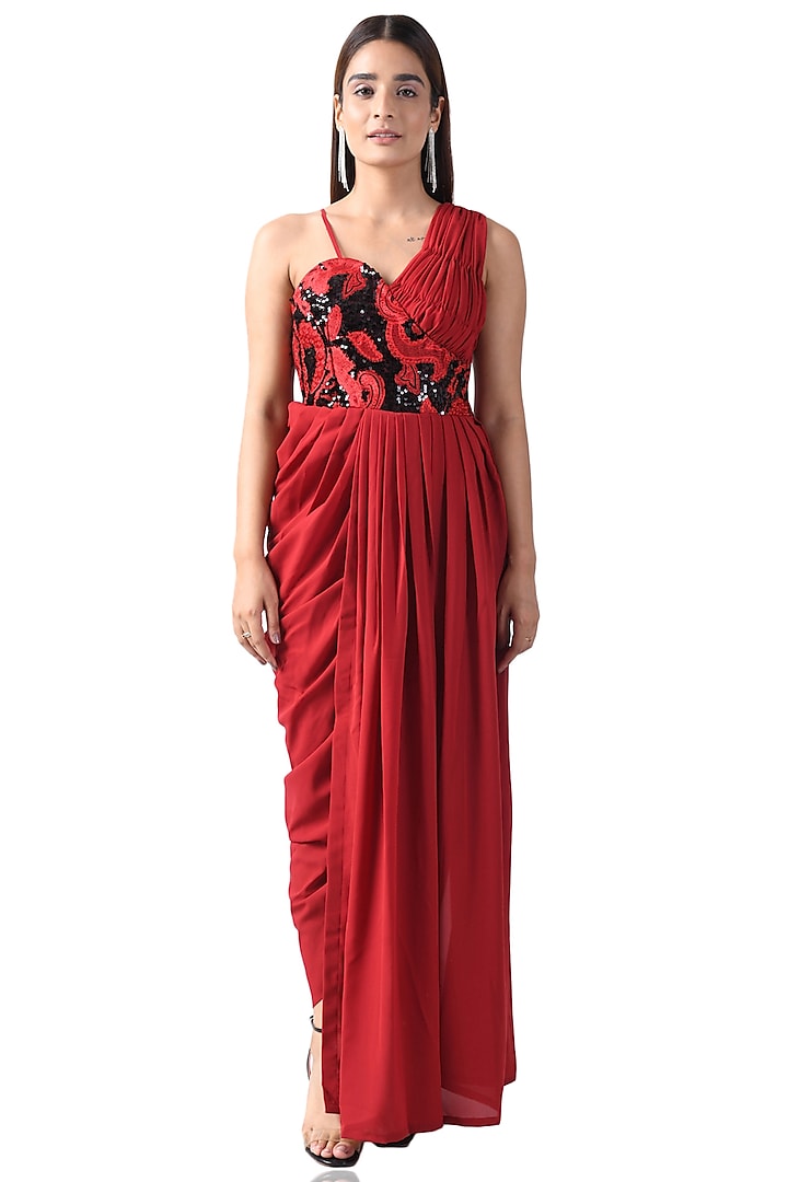 Red Floral Embroidered Draped Corset Dress by Attic Salt
