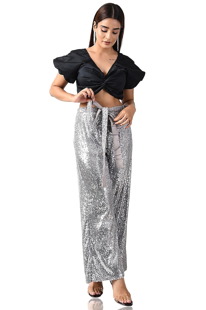 Black Poly Taffeta Front Twisted Crop Top by Attic Salt