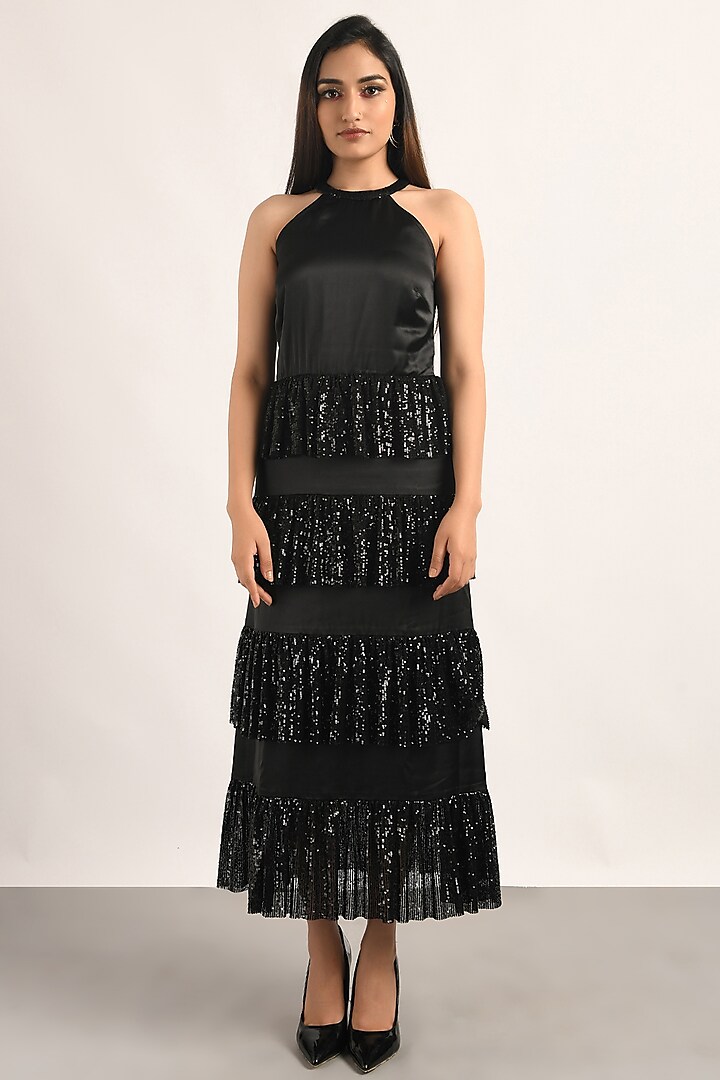 Black Satin Sequins Embellished Dress by Attic Salt at Pernia's Pop Up Shop