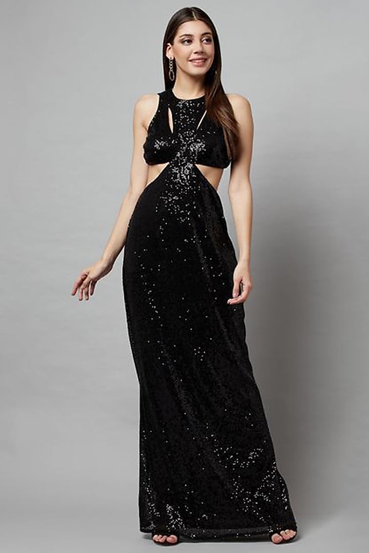 Black Tulle Sequins Embroidered Dress by Attic Salt