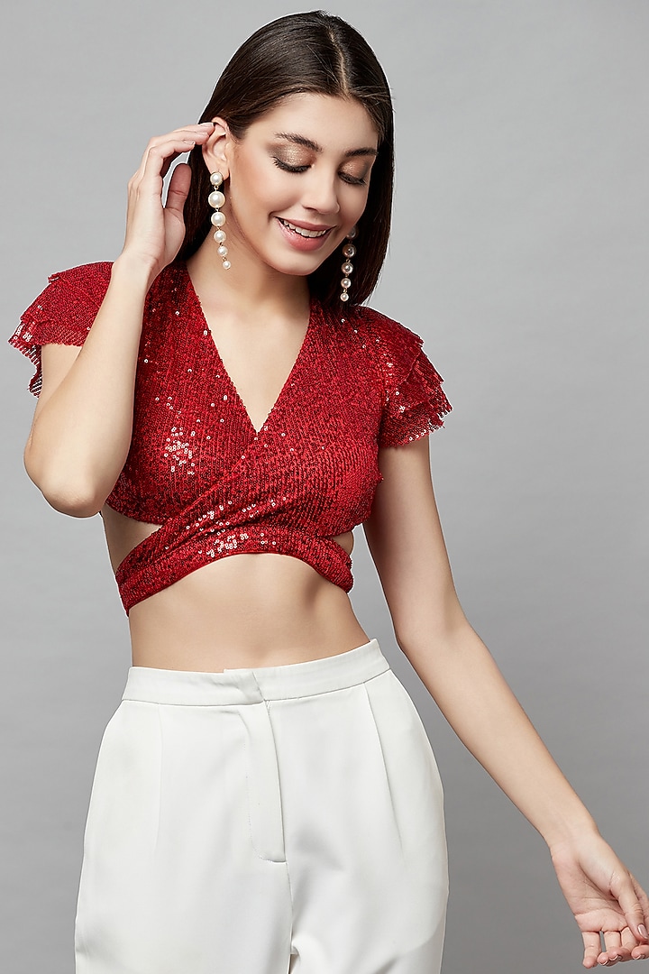 Red Sequins Tulle Crop Top by Attic Salt